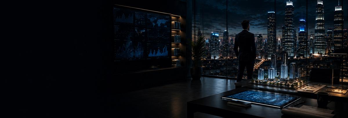 A founder looking out over a city skyline from a modern office, representing the Aurum Entrepreneur-in-Residence programme