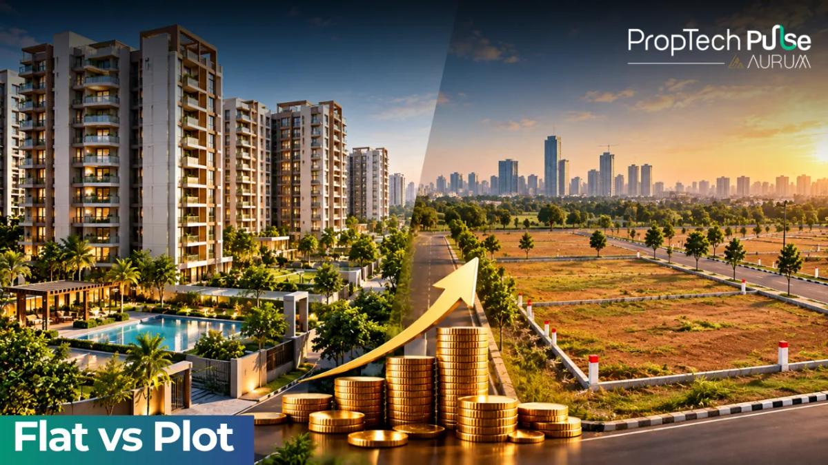 Comparison graphic showing a residential apartment building and an empty plot of land with Indian rupee symbols