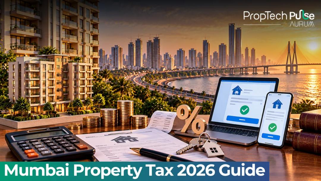 Mumbai city skyline with overlaid text showing a property tax receipt breakdown and current MCGM tax rates.