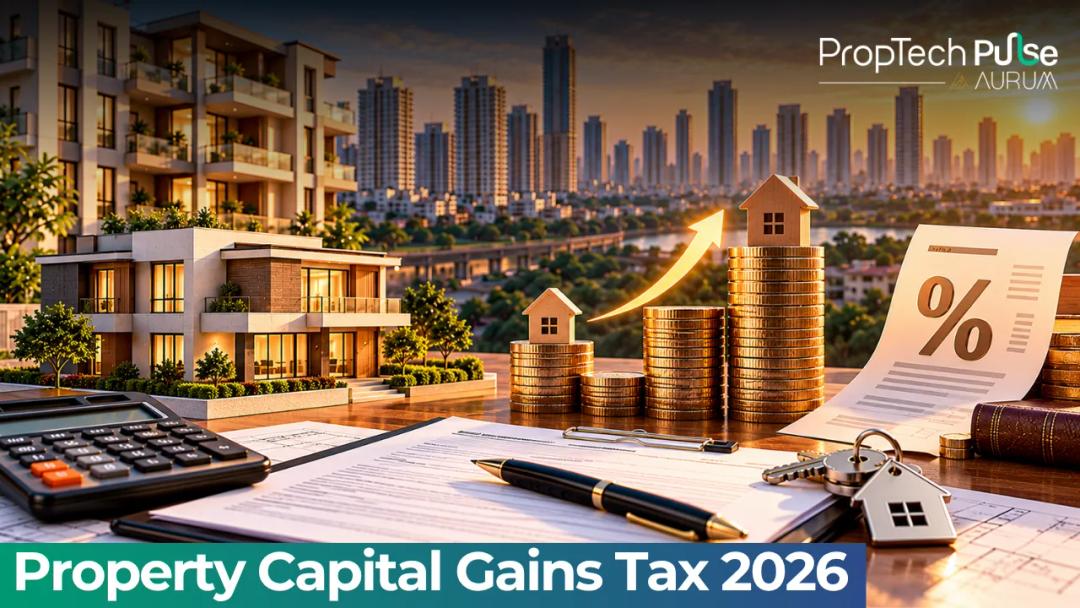 Diagram showing property sale value minus purchase cost and indexed improvement costs equaling taxable capital gains