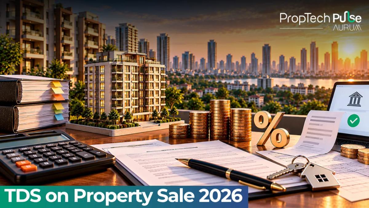 Diagram showing buyer, seller, and government tax flow for an Indian property sale over fifty lakh rupees
