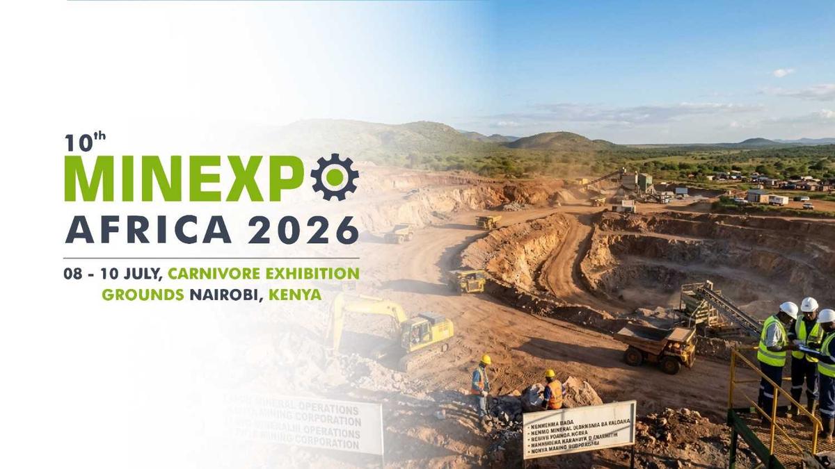 Banner for the 10th MINEXPO Africa 2026 featuring an open-pit mining site with heavy machinery and workers in safety gear, announcing the event from 08–10 July 2026 at Carnivore Exhibition Grounds, Nairobi, Kenya.