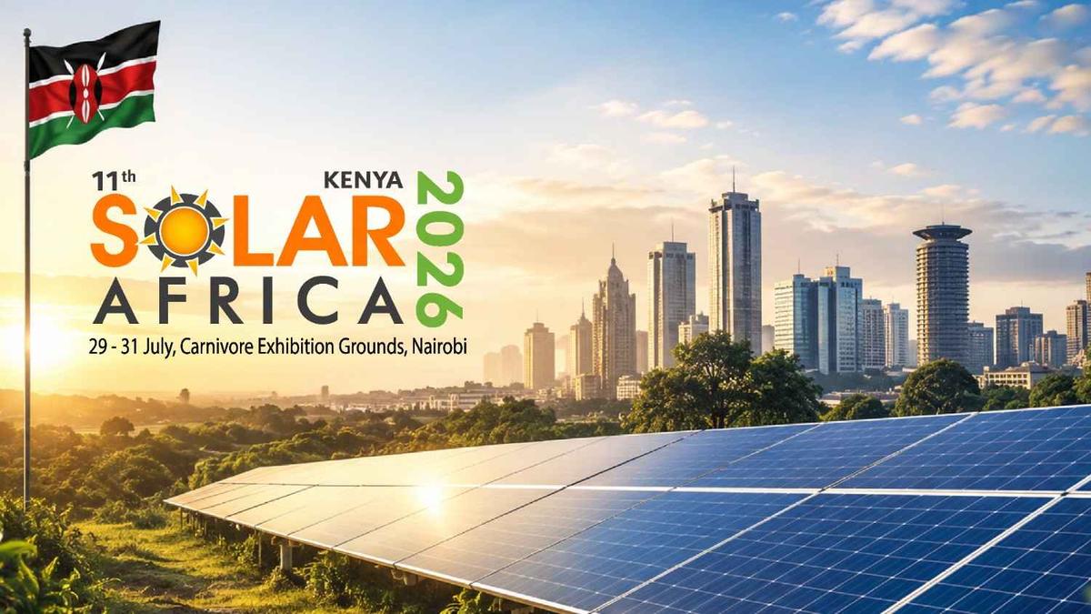 Kenya Solar Africa 2026 event banner featuring a large solar panel farm, Nairobi skyline, Kenyan flag, and renewable energy exhibition branding