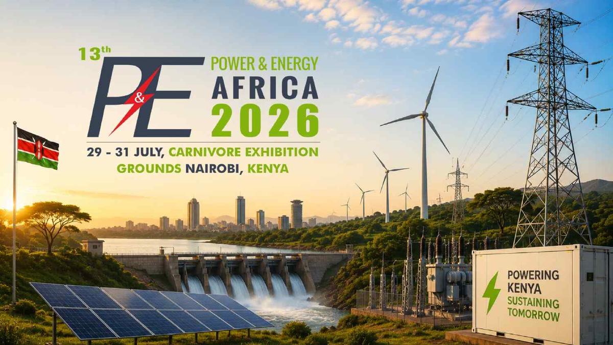 Power & Energy Africa 2026 event banner showcasing wind turbines, hydroelectric dam, transmission towers, solar panels, and Nairobi skyline highlighting renewable energy infrastructure