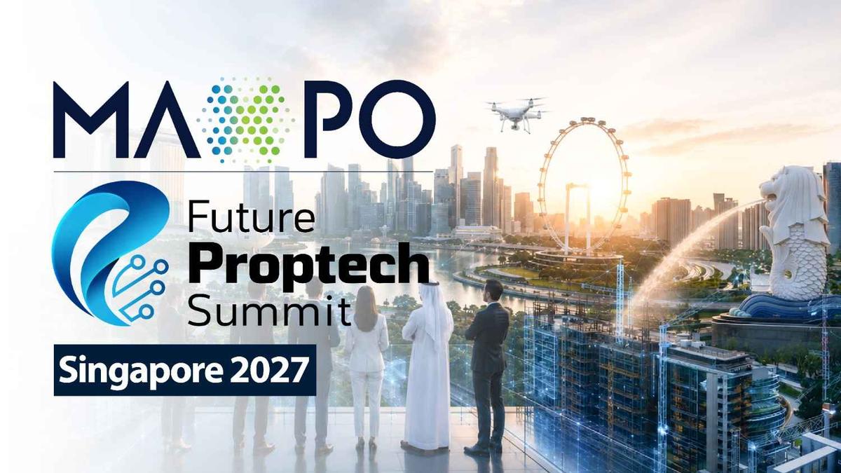 Future PropTech Summit banner featuring the Marina Bay Sands skyline, with business leaders overlooking the city