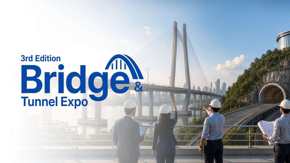 3rd Edition Bridge & Tunnel Expo banner featuring engineers overlooking a cable-stayed bridge and tunnel