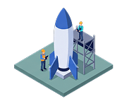 Founders on a launch gantry beside a rocket — stage 3, connecting with key industry stakeholders