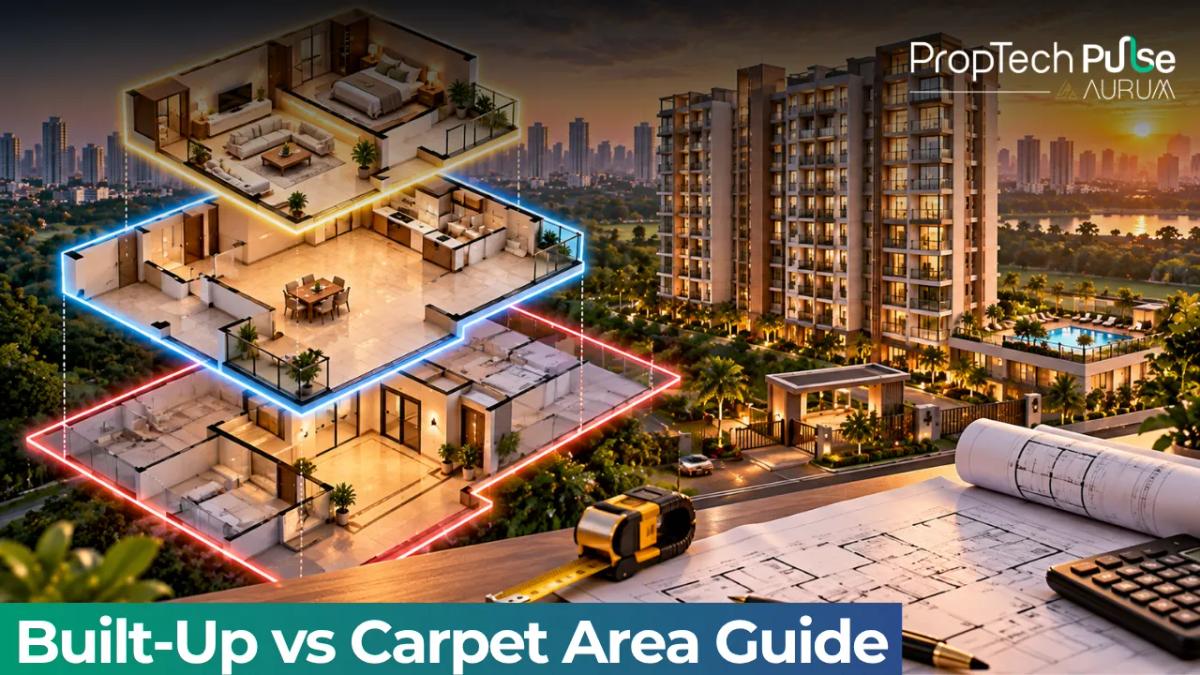 Diagram showing the difference between carpet area, built-up area, and super built-up area in an Indian apartment floor plan