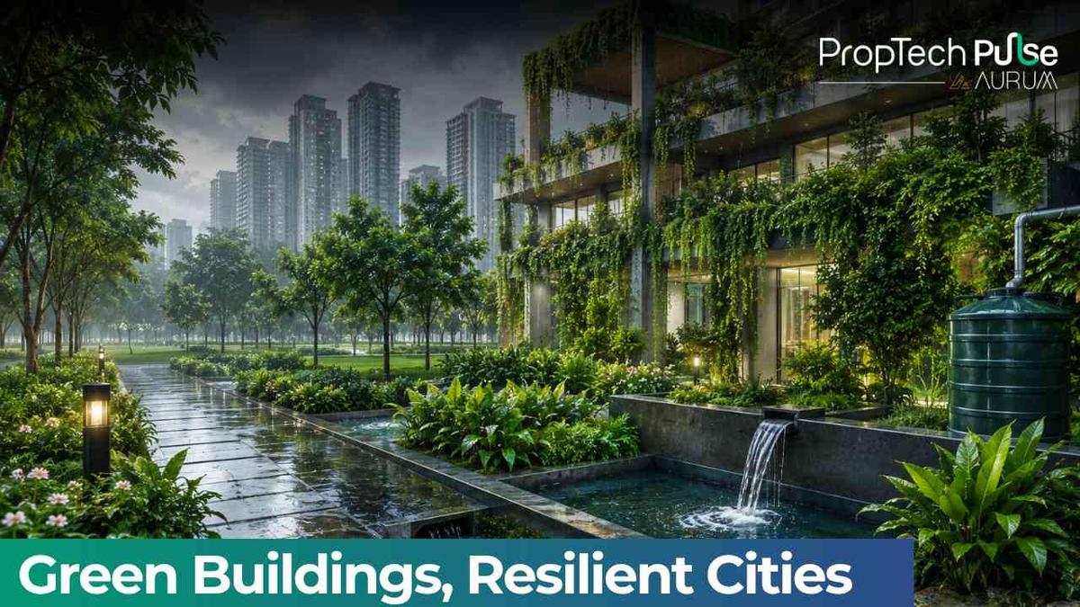 Green building in India during the monsoon featuring rainwater harvesting, lush landscaping, sustainable architecture, permeable pathways, and eco-friendly urban infrastructure.