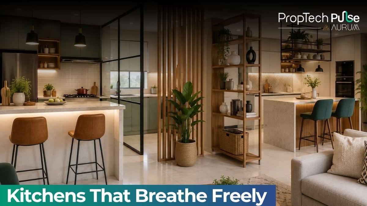 Modern open kitchen with stylish glass, wooden slat, and open shelving partitions seamlessly connecting the cooking and living areas in a contemporary Indian home