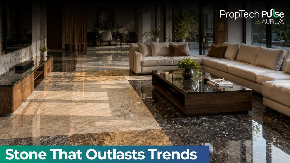 Modern luxury living room featuring polished granite flooring with elegant natural stone patterns and contemporary home interior design