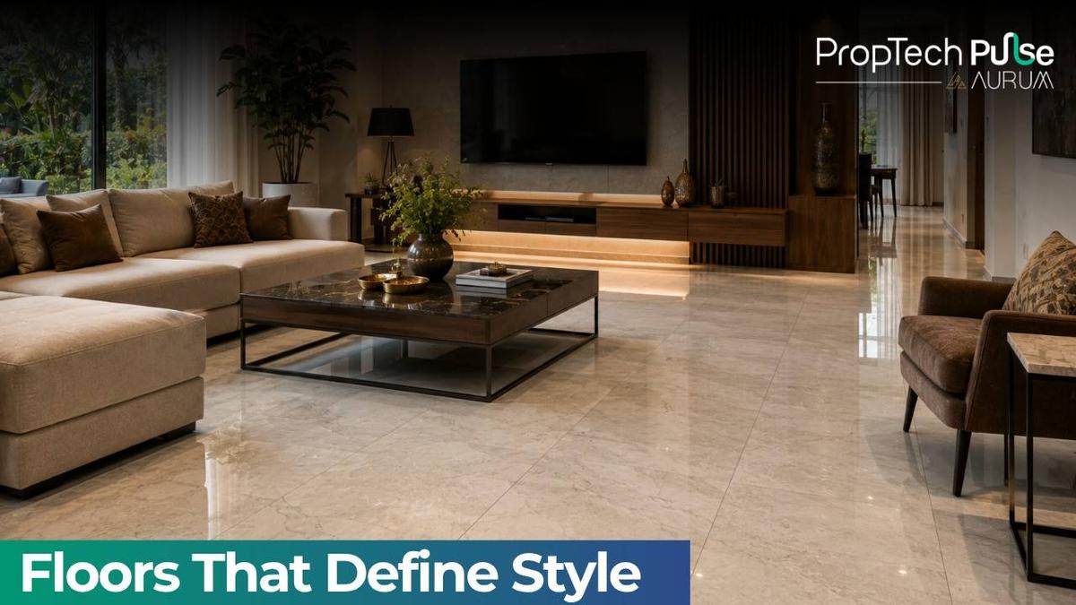 Modern luxury living room with large-format vitrified tiles, elegant marble-look flooring, contemporary furniture, warm natural lighting, and a spacious open interior