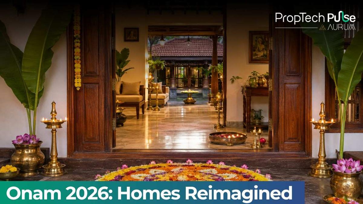 Traditional Kerala home entrance decorated with a vibrant Onam pookalam, brass lamps, banana leaves, and festive floral décor