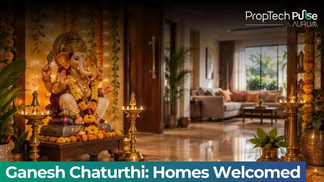 Ganesh Chaturthi home décor with a Lord Ganesha idol, marigold garlands, brass lamps, diyas, and colorful rangoli in a modern living room