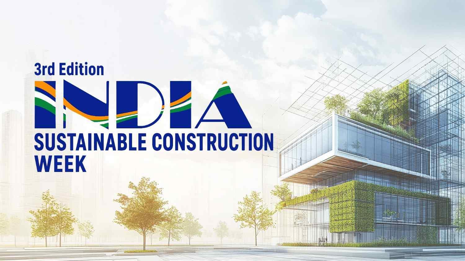 India Sustainable Construction Week 3rd Edition banner with a green, sustainable glass building