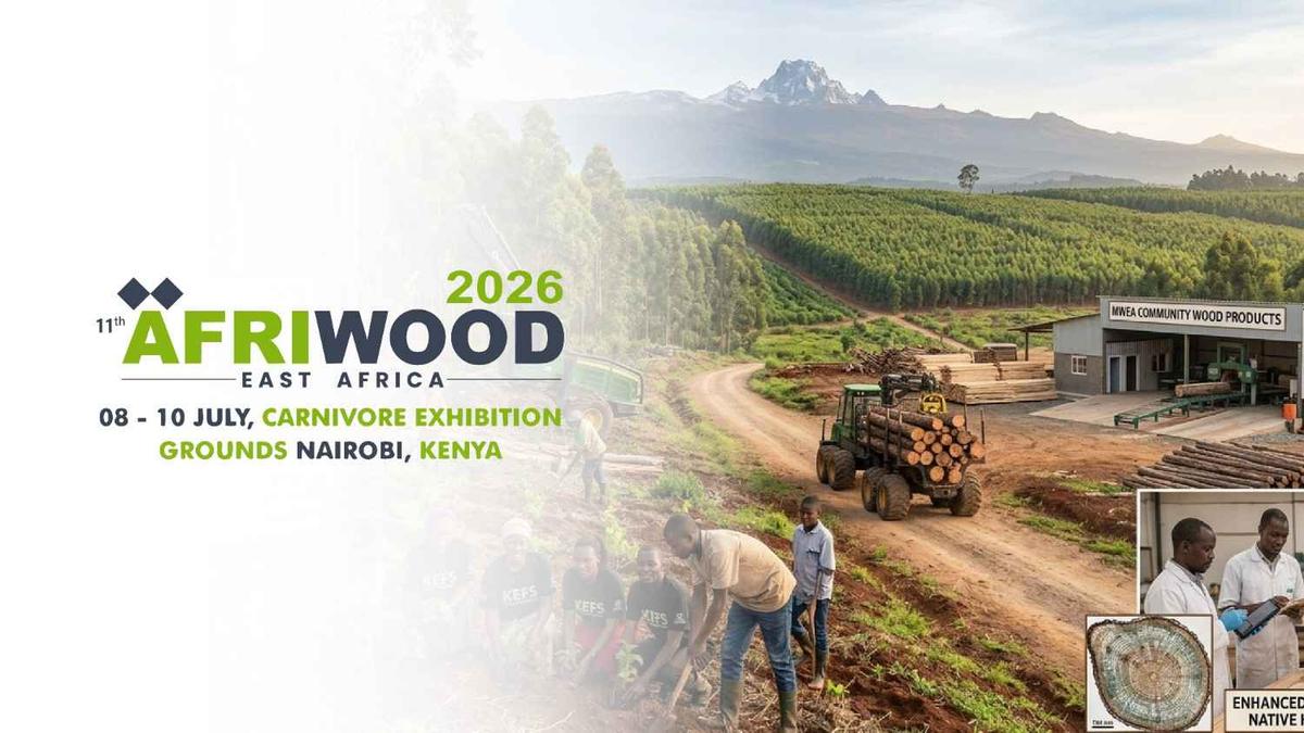 Banner for the 11th AFRIWOOD East Africa 2026 showcasing sustainable forestry, timber processing, and wood manufacturing, announcing the event from 08–10 July 2026 at Carnivore Exhibition Grounds, Nairobi, Kenya.