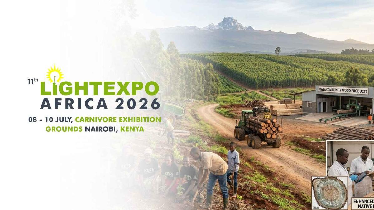 Banner for the 11th LIGHTEXPO Africa 2026 promoting East Africa's lighting and electrical industry event, featuring sustainable forestry and industrial landscapes, scheduled for 08–10 July 2026 at Carnivore Exhibition Grounds, Nairobi, Kenya.