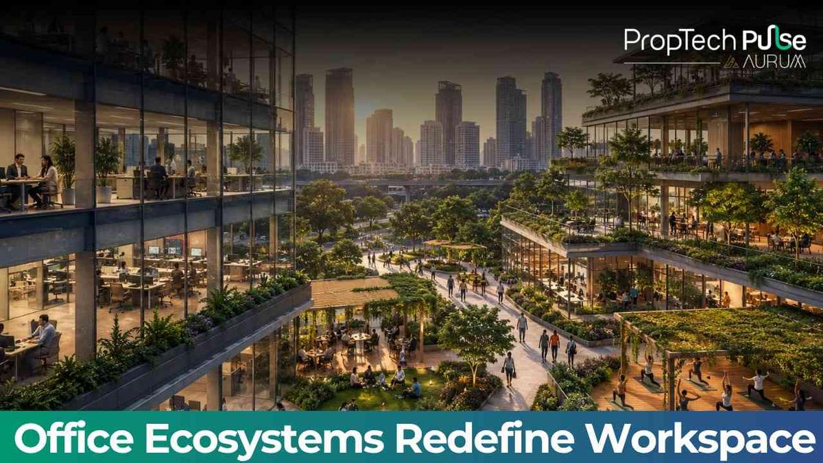 Commercial real estate transitioning from traditional office spaces to employee-centric ecosystems featuring collaborative work areas, wellness zones, and modern amenities