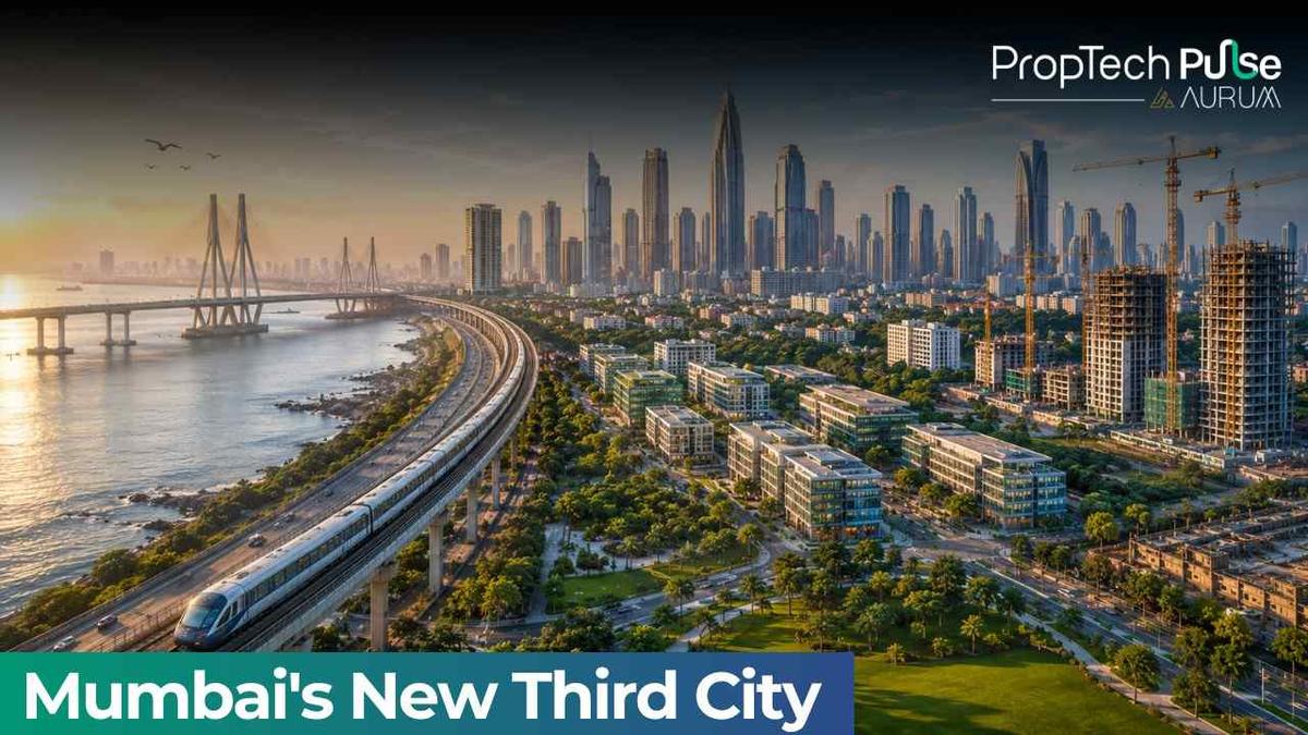 Concept illustration of Mumbai 3.0 featuring a futuristic coastal skyline, metro rail, sea bridge, high-rise developments, and large-scale urban expansion projects
