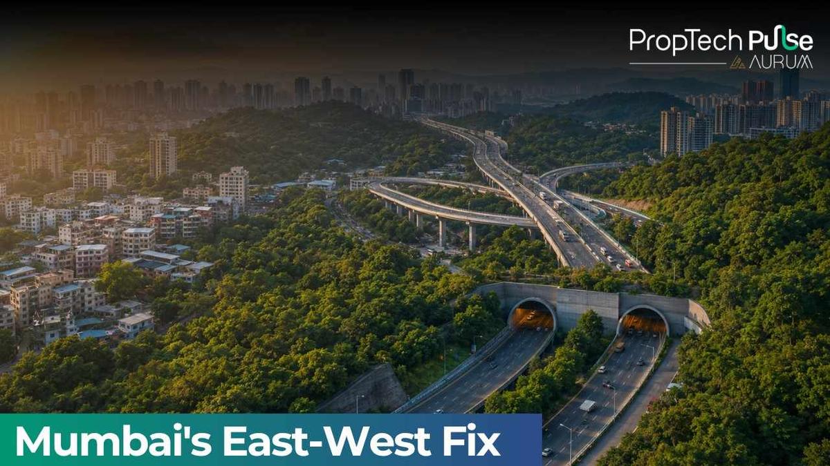 Aerial view of the Goregaon-Mulund Link Road featuring twin tunnel entrances, elevated highways through green hills, and the Mumbai skyline representing major transport infrastructure development