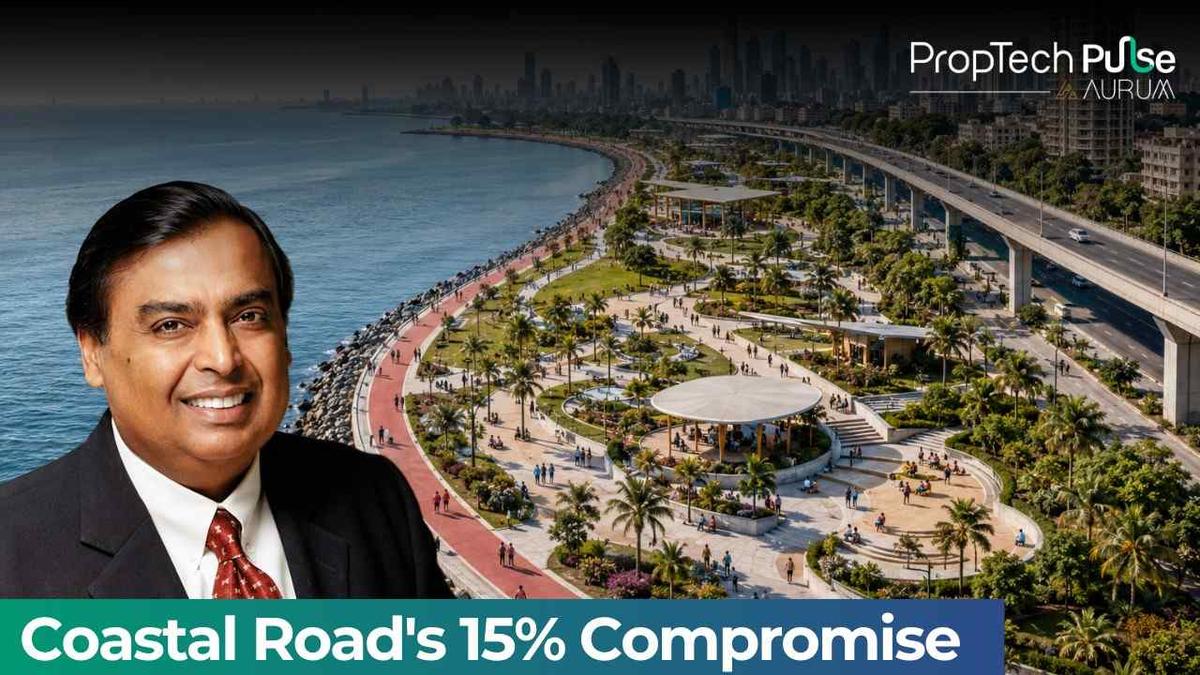 Mukesh Ambani overlooking Mumbai Coastal Road waterfront redevelopment featuring landscaped public parks, promenades, open spaces, and the city's skyline representing Reliance's revised coastal master plan