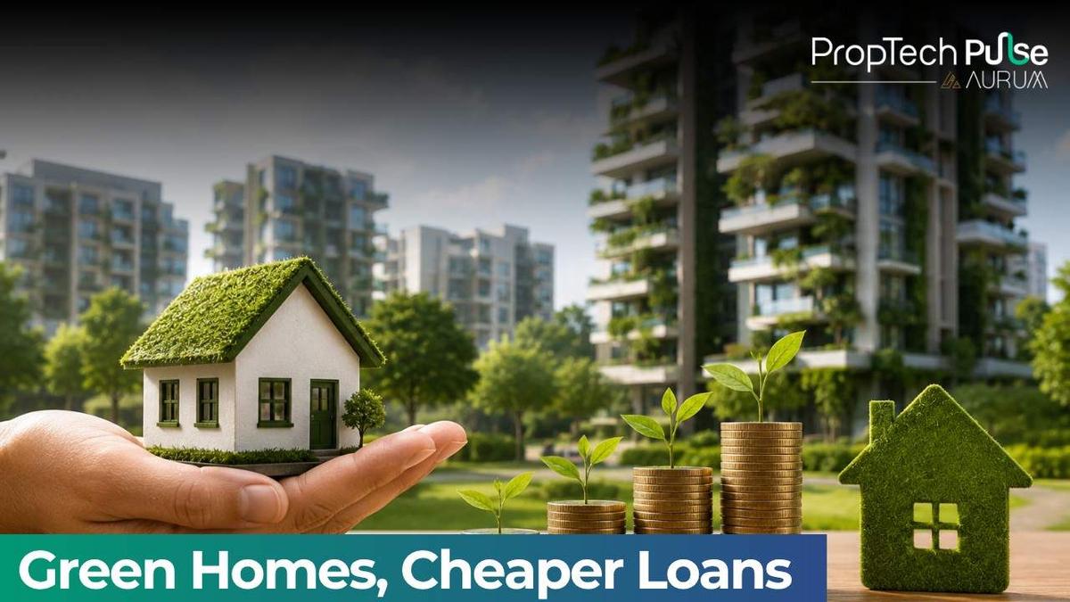 Eco-friendly residential buildings with sustainable landscaping, green homes, and financial growth concept representing IGBC and Punjab National Bank's green home loan initiative