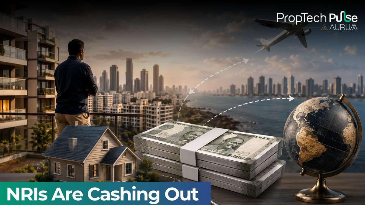 NRI real estate investment concept showing a residential property, Indian currency, travel, and global wealth transfer, representing overseas Indians selling Indian properties and moving capital abroad