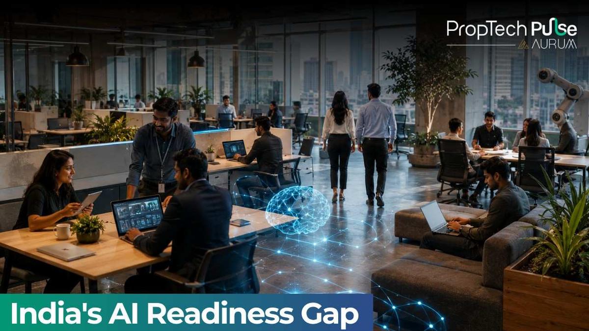 Modern AI-enabled office with collaborative workspaces, smart technology, employees working together, and advanced digital infrastructure representing AI-driven workplace transformation and future office real estate