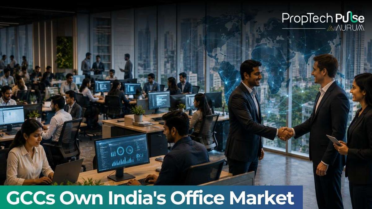 Modern Global Capability Centre office in India with professionals collaborating in a smart workplace, advanced digital infrastructure, and a city skyline representing strong office leasing demand and corporate expansion