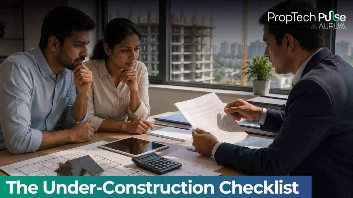 Prospective homebuyers reviewing under-construction apartment documents with a property consultant before purchasing a residential project in India