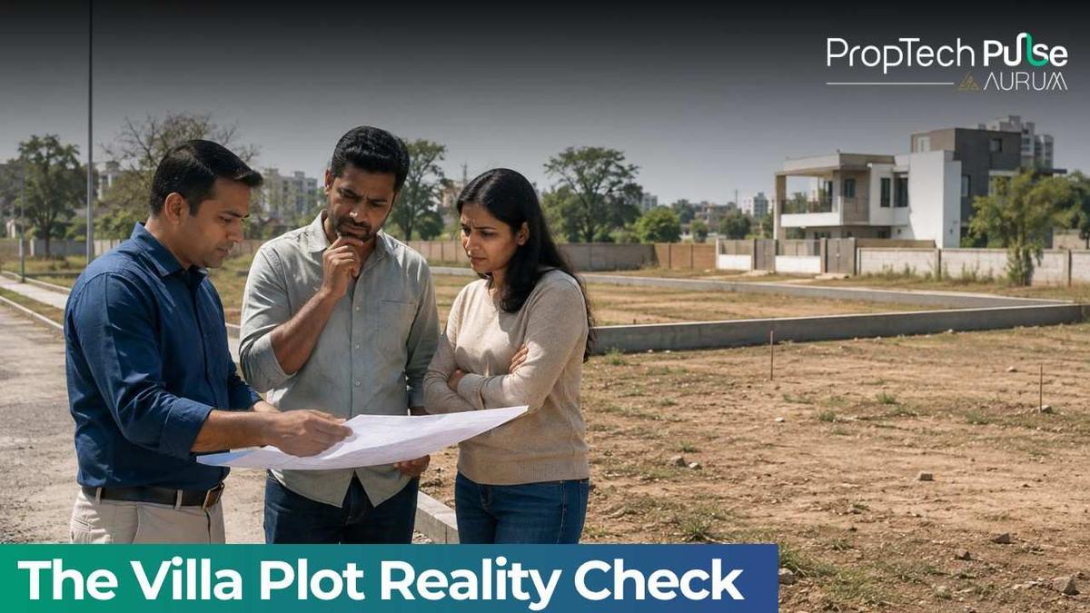 Prospective homebuyers inspecting a residential villa plot and reviewing site plans before purchasing land in a plotted development community