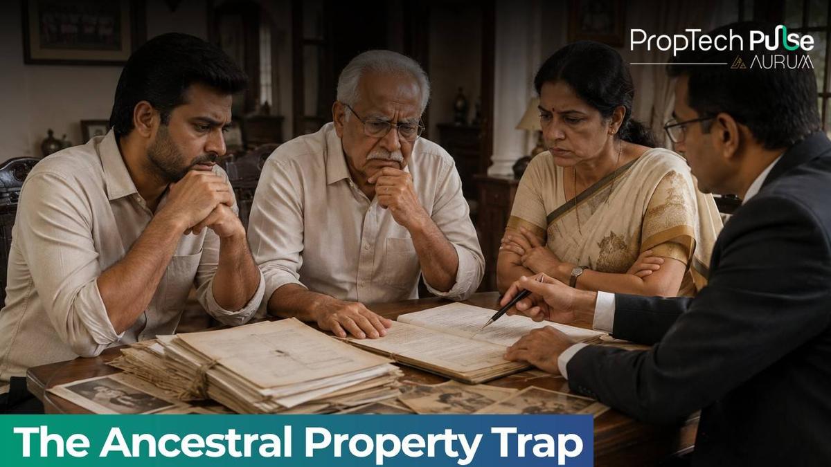 Indian family consulting a property lawyer over ancestral property documents during an inheritance and partition dispute discussion