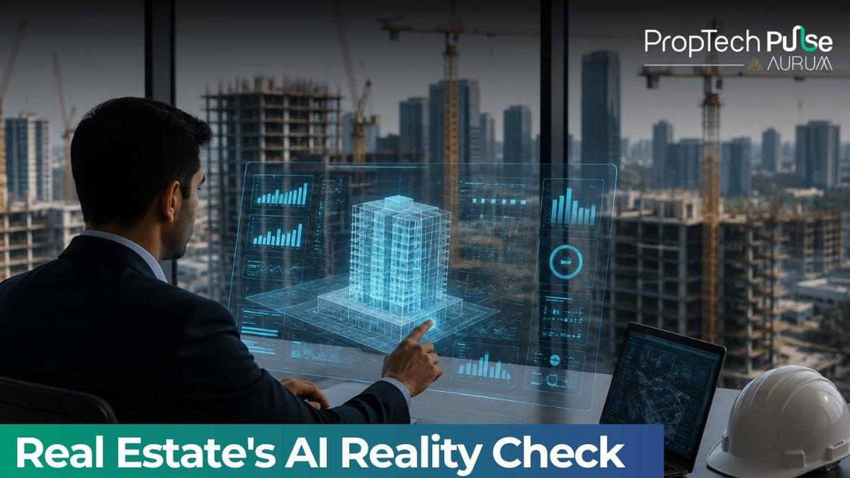 Real estate executive using AI-powered construction analytics and digital building models to monitor project performance in a modern office overlooking active development sites