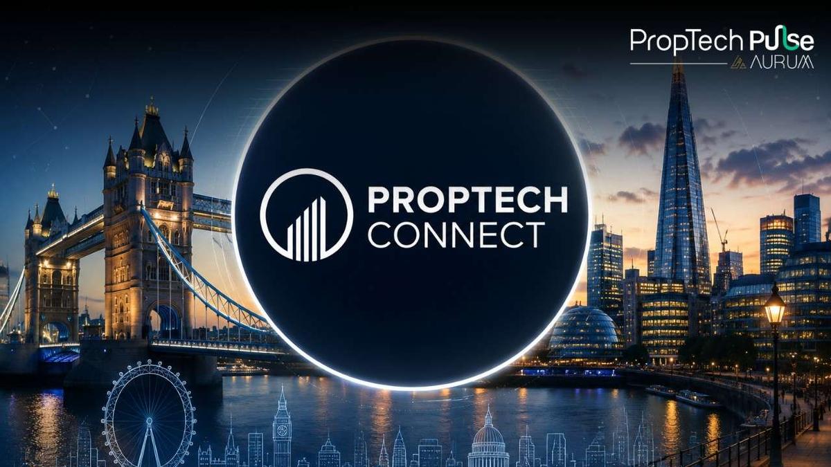 PropTech Connect logo centered over the London skyline featuring Tower Bridge and The Shard at dusk, representing innovation, real estate technology, and global property networking
