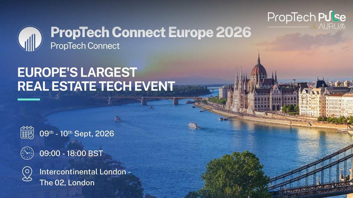 PropTech Connect Europe 2026 real estate technology event in London featuring the Budapest skyline, event dates, venue, and PropTech Pulse branding