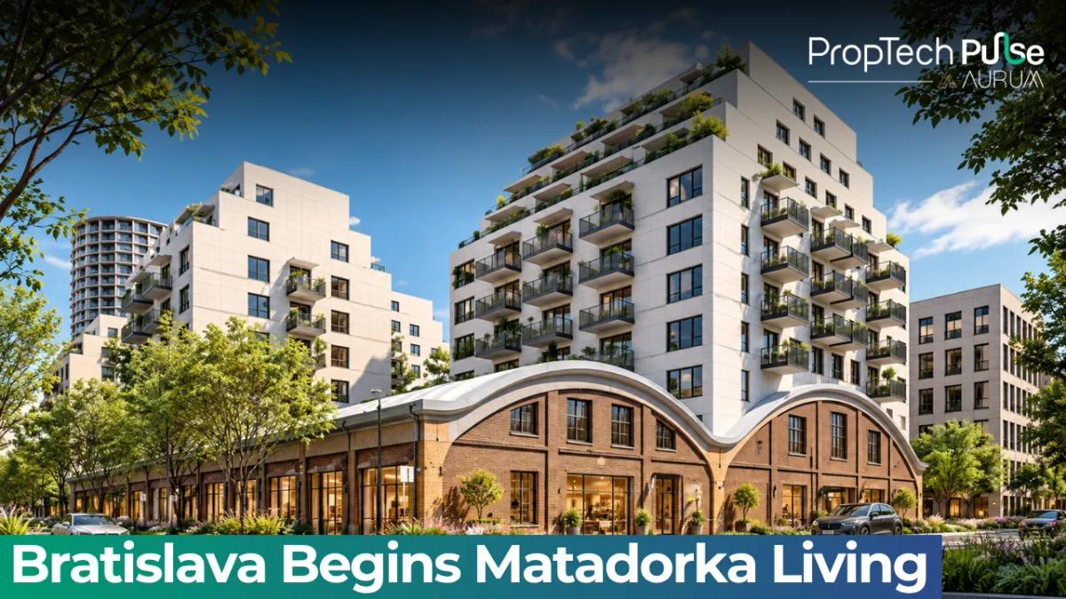 Matadorka Living development in Bratislava's Petržalka district, combining five residential towers with preserved historic industrial architecture