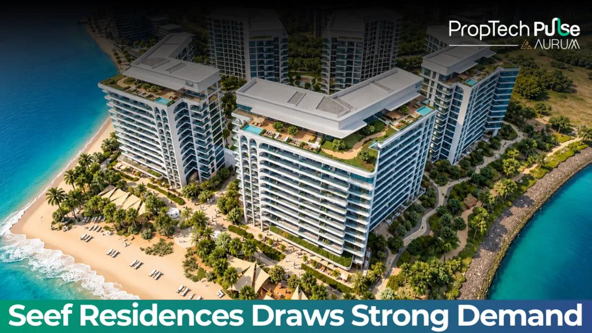 Waterfront residential buildings at Seef Residences in Al Khan, Sharjah, with landscaped outdoor spaces and beach frontage