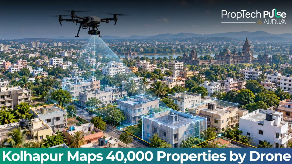 Drone-based 3D GIS property survey mapping land boundaries and buildings across Kolhapur, Maharashtra.