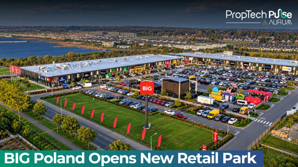 BIG Konstantynów retail park in Poland featuring retail stores, parking areas and commercial facilities.