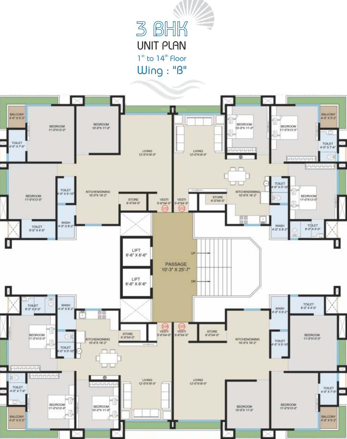 silvassa-paradise Wing B Cluster Plan from 1st to 14th Floor