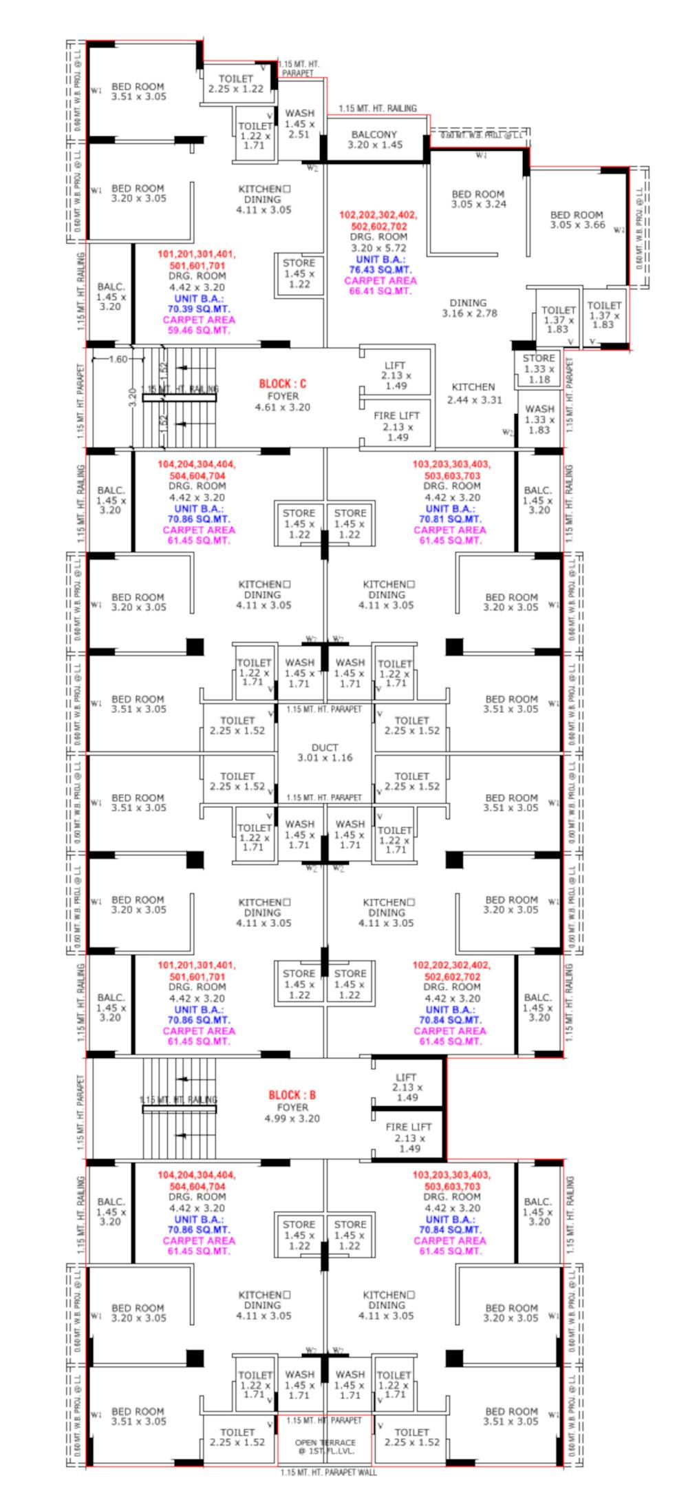 bileshwar-villa-and-heights- Block B & C Cluster Plan from 1st to 7th Floor