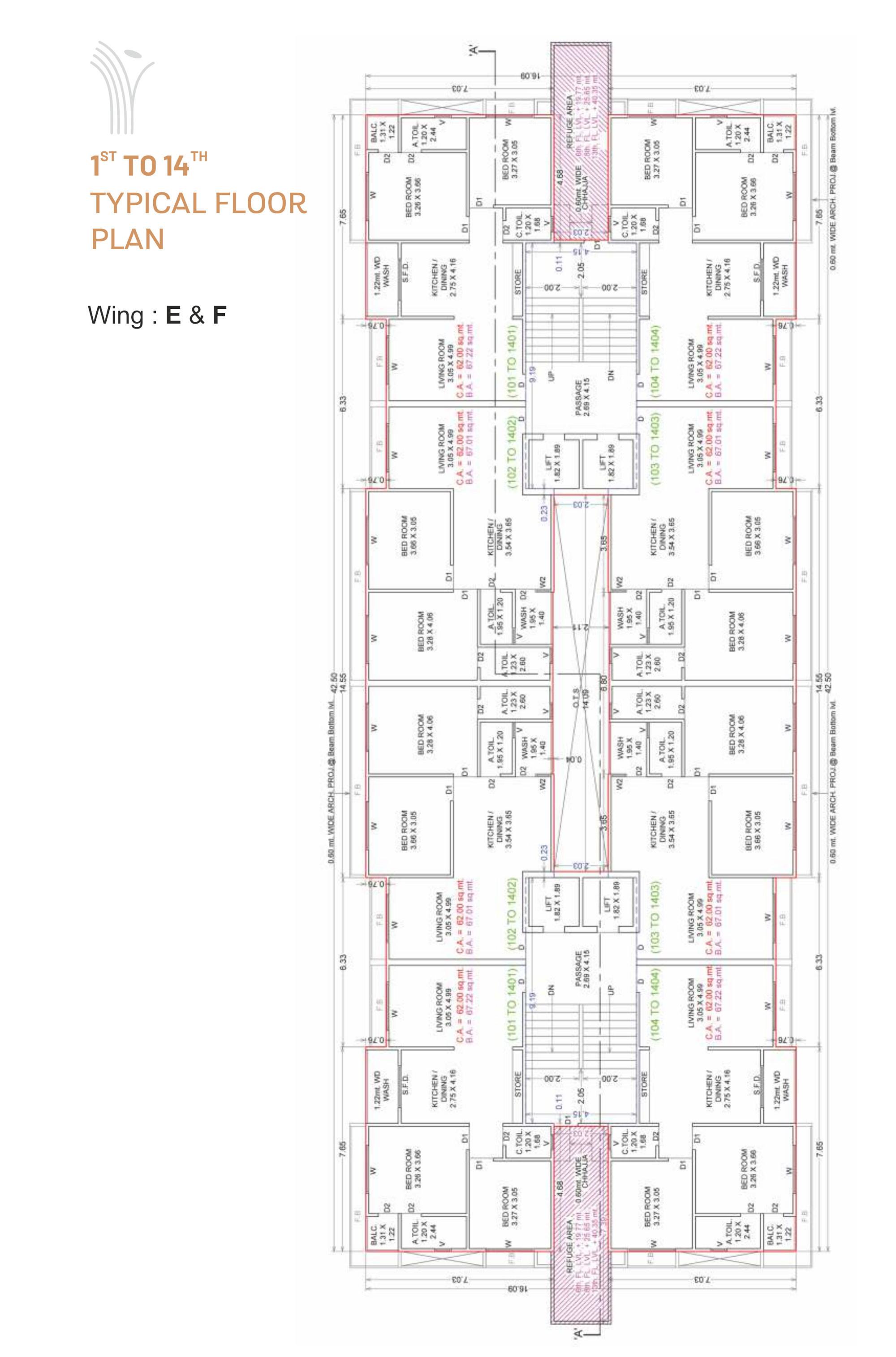 vraj-platinum Block E & F Cluster Plan from 1st to 14th Floor