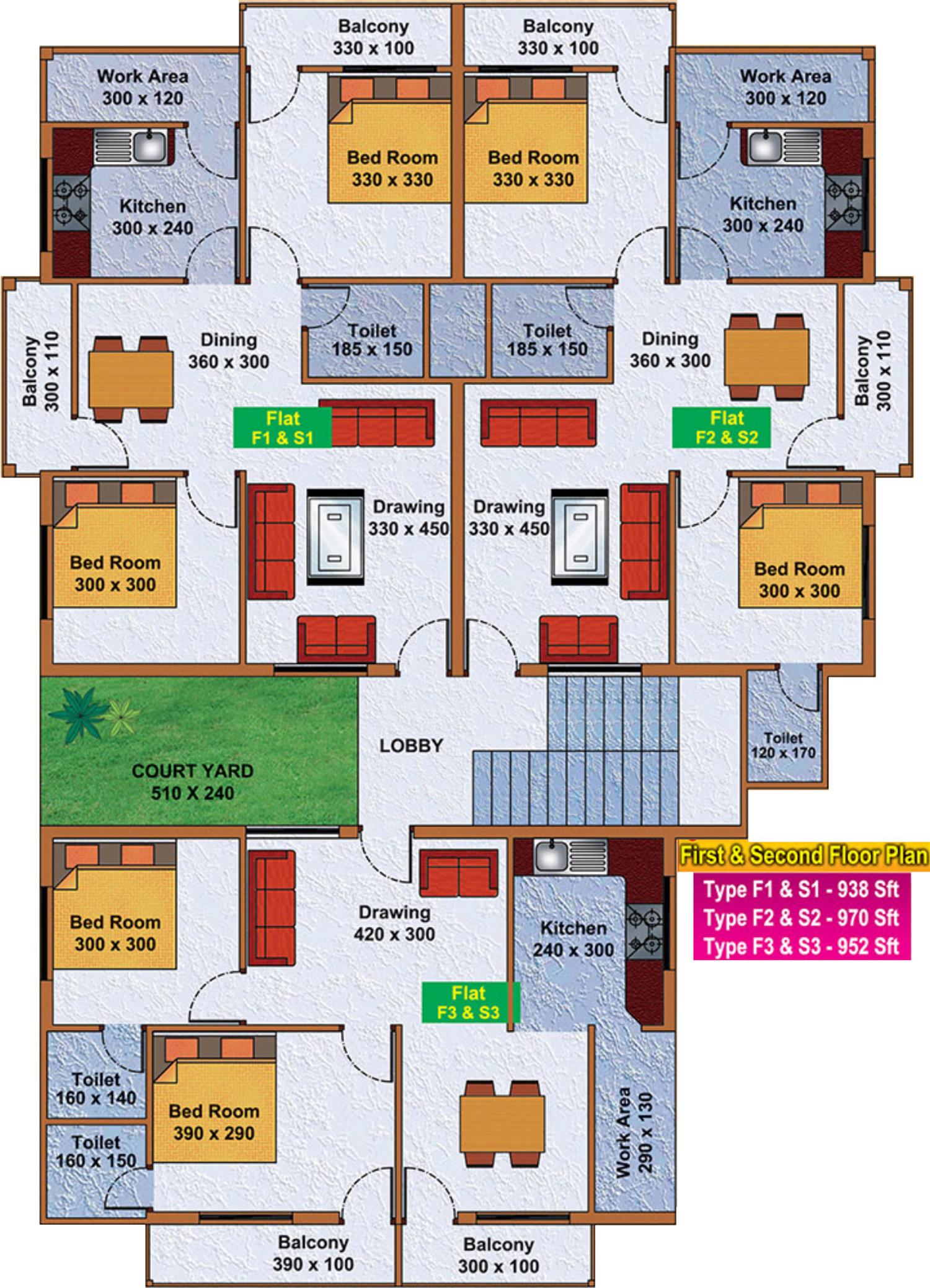 group-four-developers gokulam Gokulam Cluster Plan from 1st & 2nd Floor
